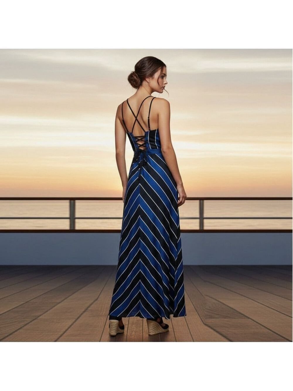 Guess Nautical Sailor Striped Rope Maxi Dress Sz 6 Resortwear Coastal Geometric - Picture 2 of 15